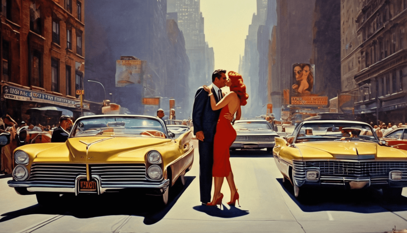 AI generated: {New-York city street:1}, camera at ground level, a man french fucking a woman on a car hood, 1960s ...