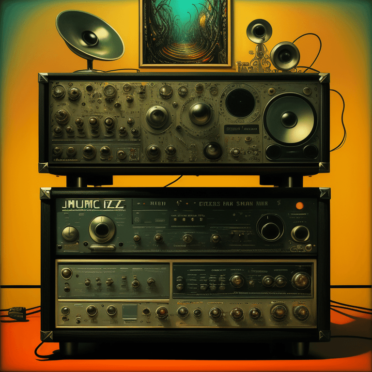 AI generated: music Album cover picture, jazz, surreal art, oil picture, radio, speaker, synthesizerm, amplifier, ...