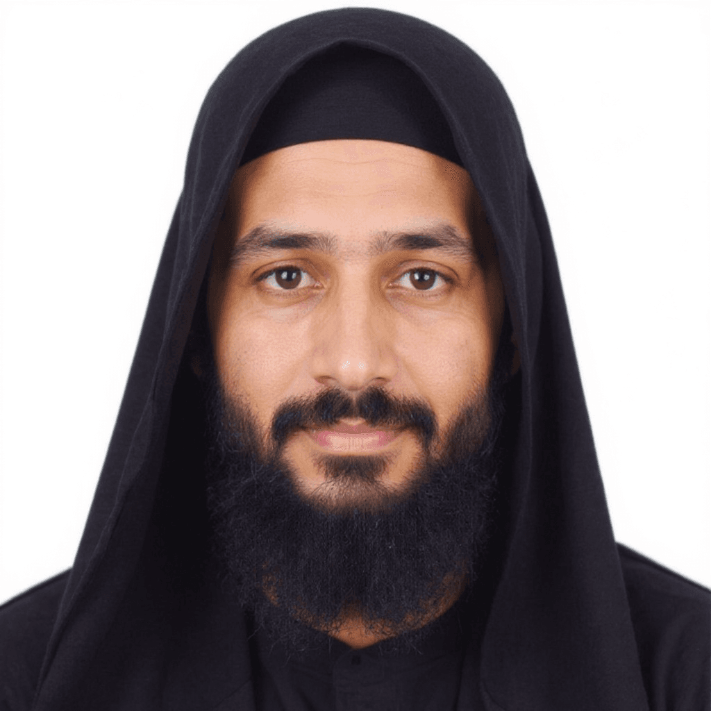 AI generated: Modern Muslim Boy 40years old 
have beard and covered his head by Muslim cap. 
