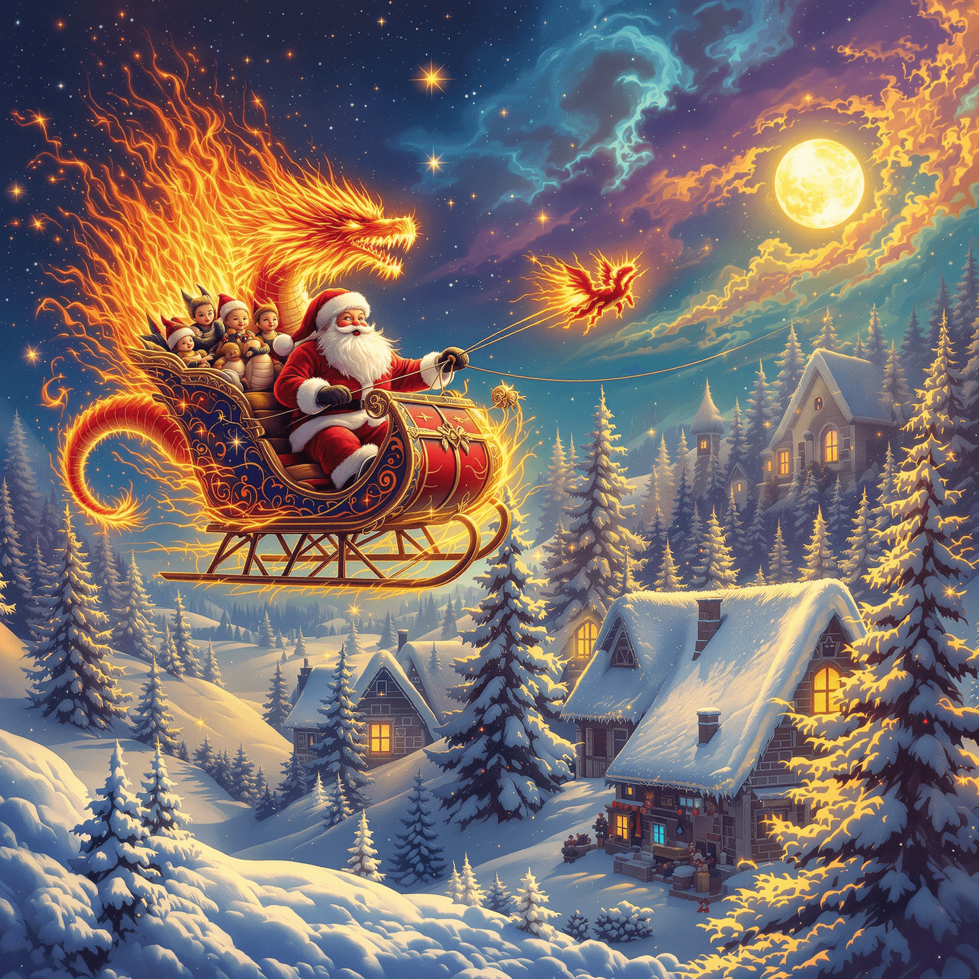 AI generated: Psychedelic, surreal Christmas card Santa Claus in sled  flying over a house with a fire dragon, and...
