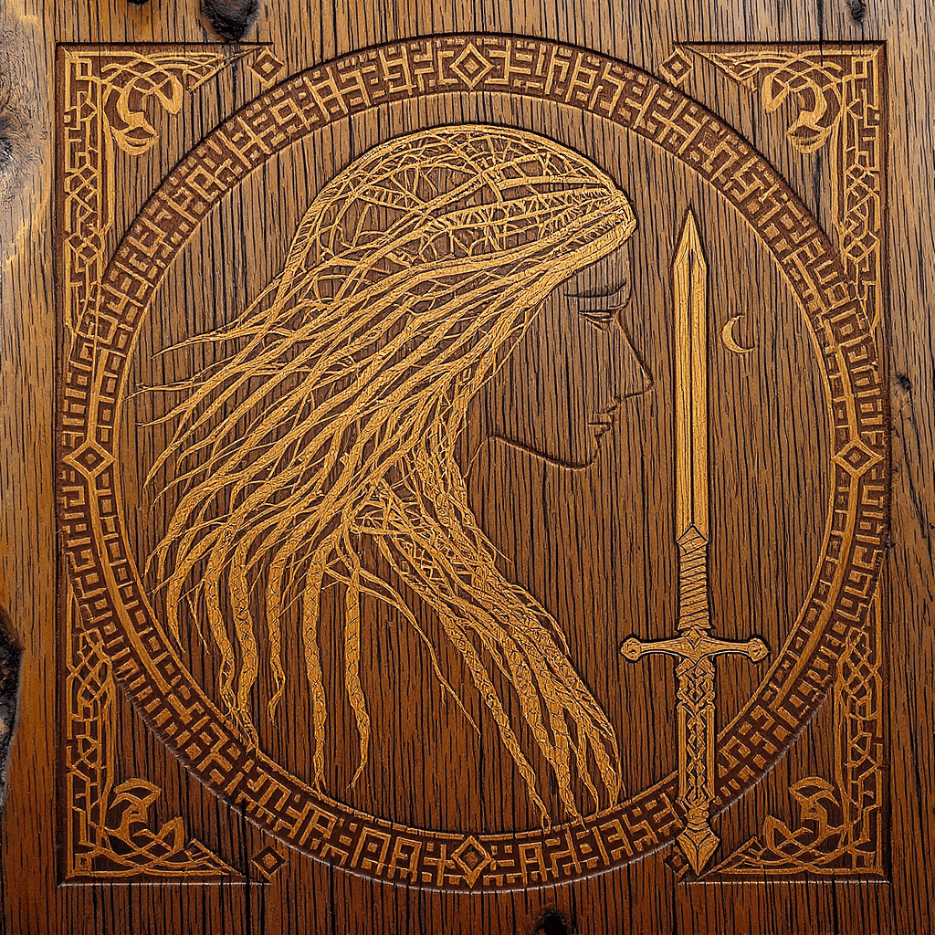 AI generated: The Warrior Maiden Morgana" rendered as a Viking Rune Carving, etched into weathered oak wood, her s...