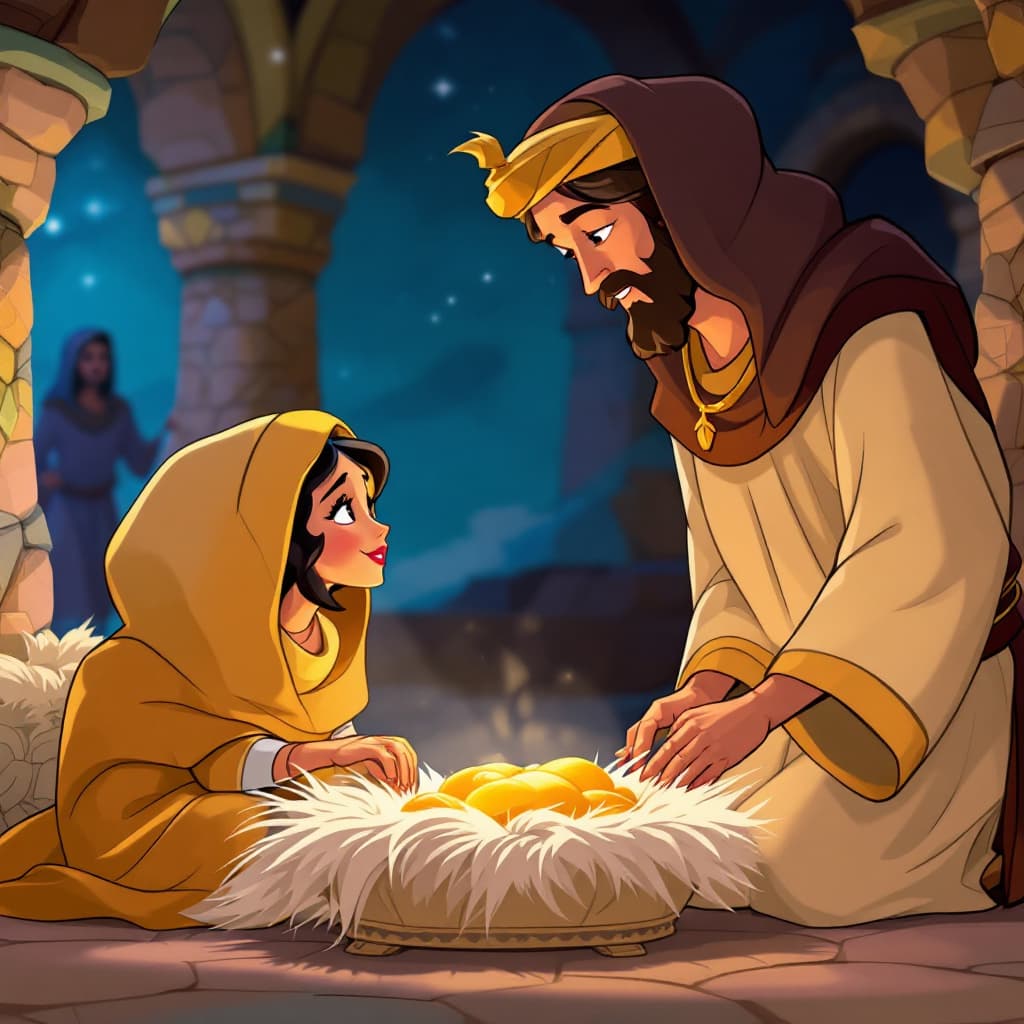 AI generated: A jOSEPH AND mARIA FROM THE NATIVITY IN A CARTOON DISNEY 
