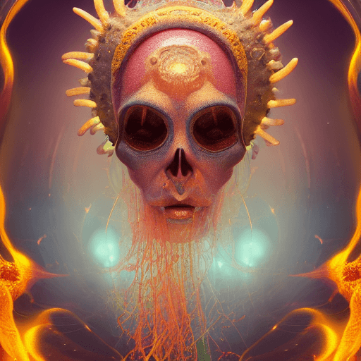AI generated: Goddess close-up portrait ribcagel. jellyfish phoenix head, nautilus, orchid, skull, betta fish, bio...