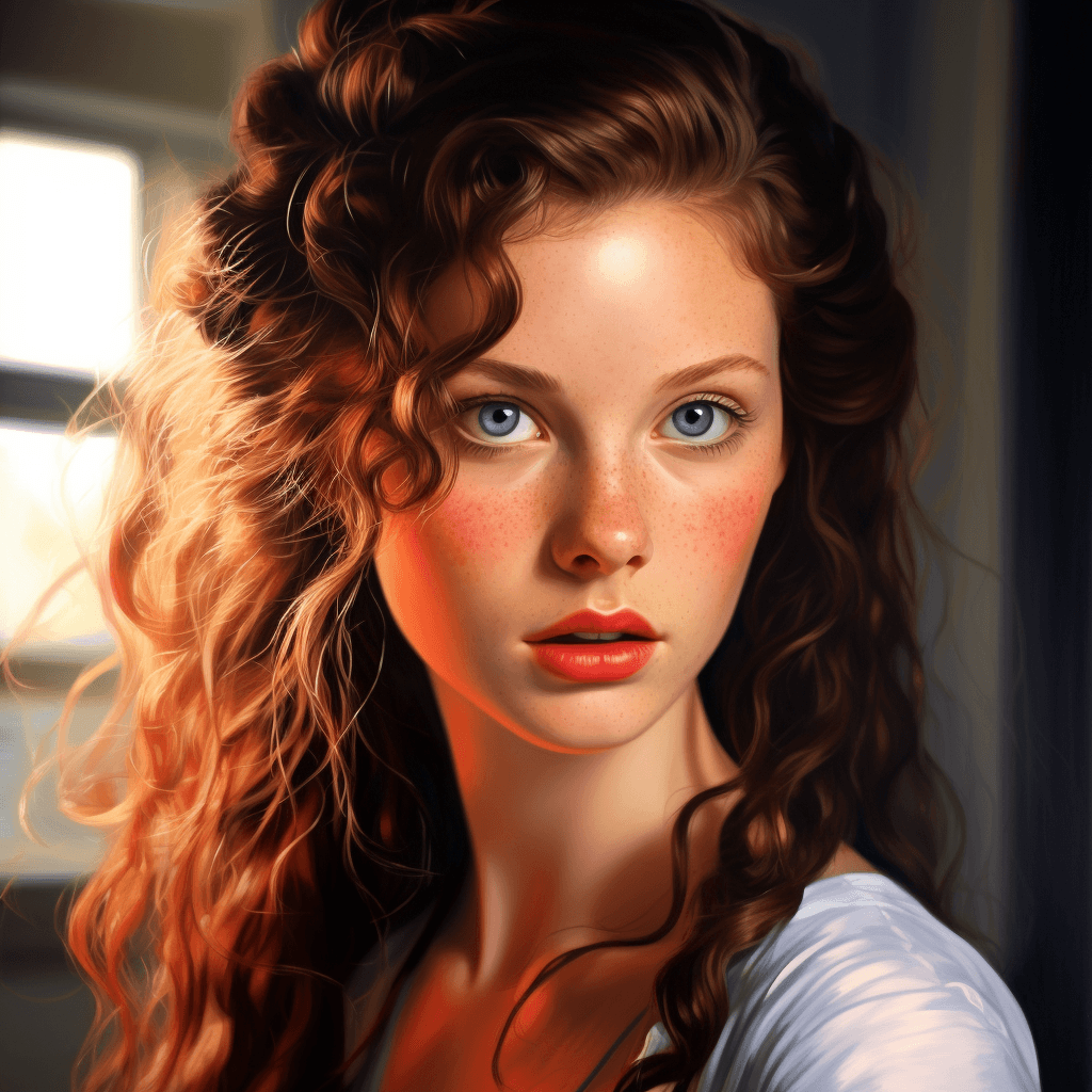 AI generated: Portrait of a beautiful young woman with blue eyes, 

long curly hair, 

Dark hair, 

hair tie...