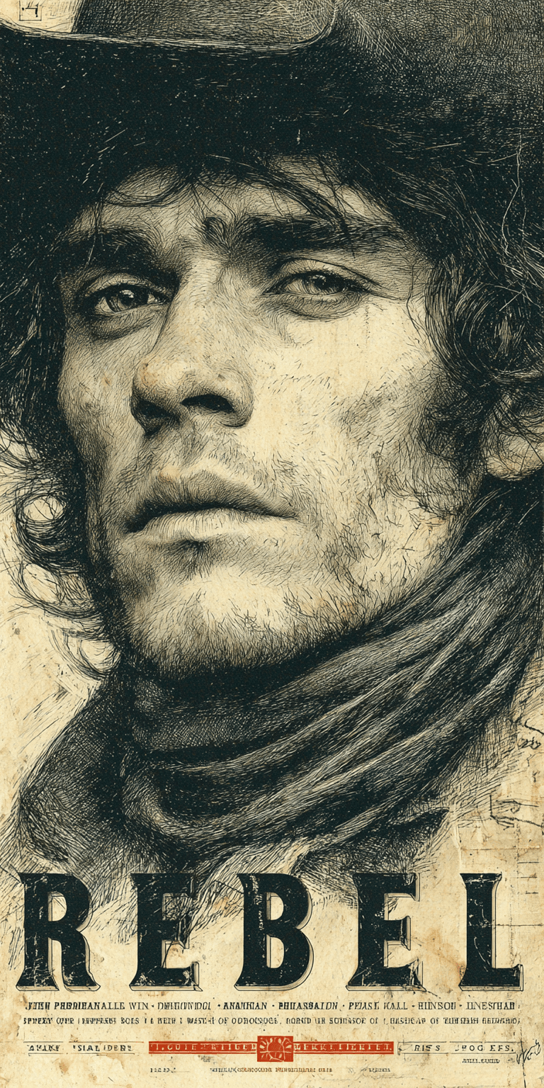 AI generated: vintage distressed poster style with the words "rebel portrayal of an irishman, black ink on beige p...