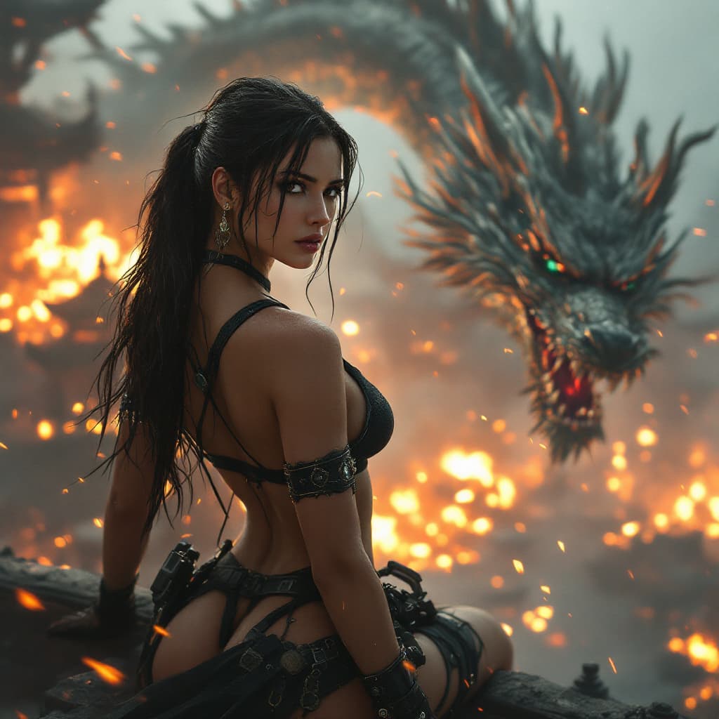 AI generated: Lara Croft at modern cyberpunk fantasy world.Covered in sweat,wet hair,she's clad in 
princess,on th...