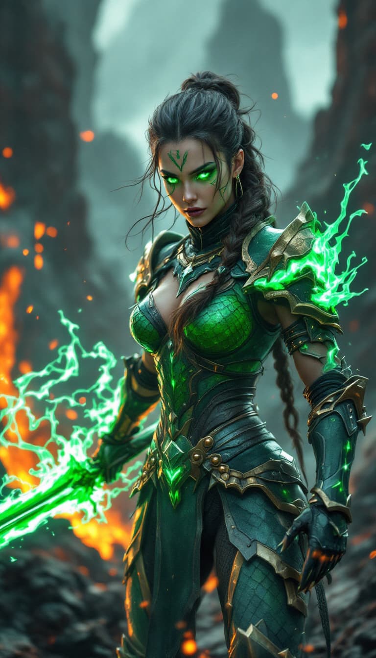 AI generated: An ultra-realistic, full-body action shot of an imposing emerald dragon knight woman, radiating stre...