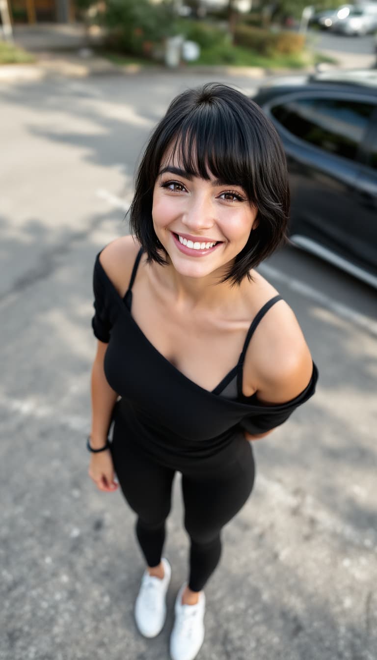 AI generated: a woman,thick eyebrows, short black hair with very long bangs, wearing a black off the shoulder top,...