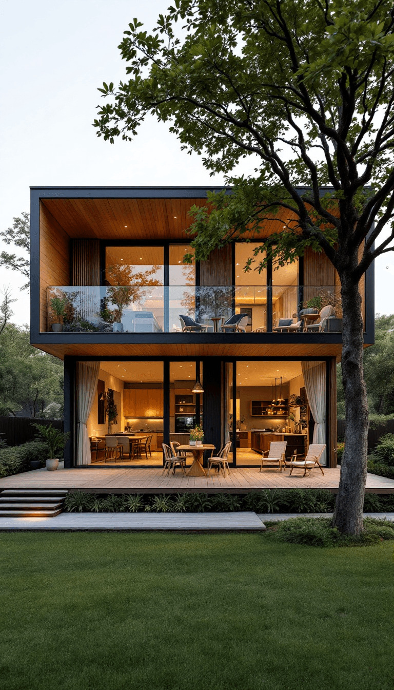 AI generated: A wide-angle shot of a two-story modern cottage house, with the second floor stretching across in wi...