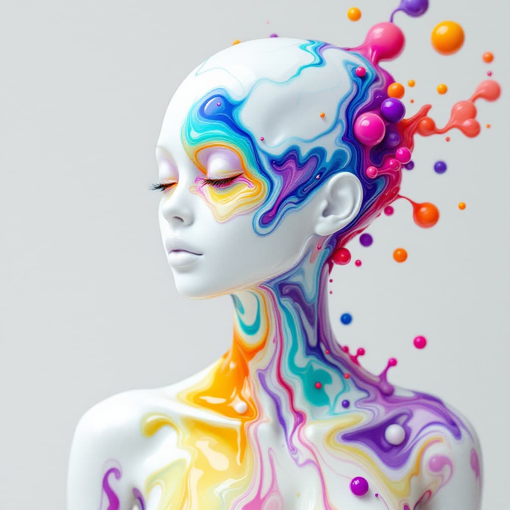AI generated: surreal, photo-real character with non-gender humanoid mannequin shape in flat, side profile view fr...