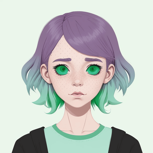 AI generated: An illustration of a quirky girl with ombre purple hair, in the style of Flat shading, Gemma Correll...