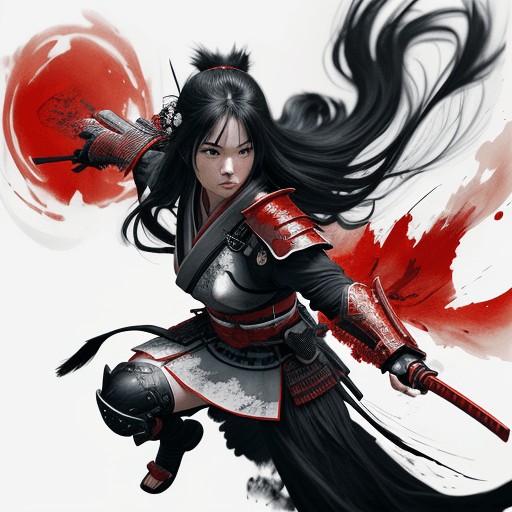 AI generated: 1 woman, weapon, long hair, black hair, white background, solo, looking at viewer, black eyes, tabi,...