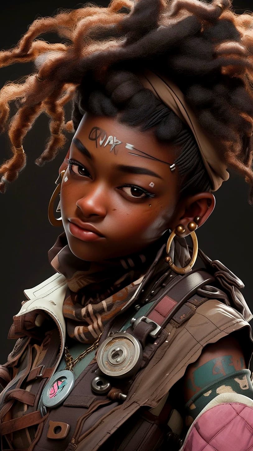 AI generated: An African-American youth girl in dystopian attire, steampunk style, dreadlocks hairstyle, hyperreal...