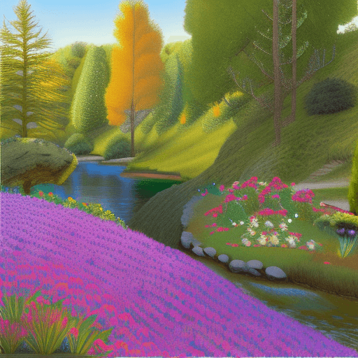 AI generated: Create a serene landscape showcasing a vibrant, lush forest under a clear blue sky. The foreground f...
