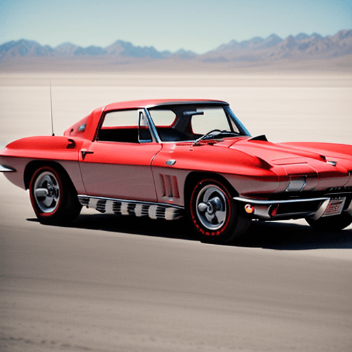 AI generated: side view angle of car red 1964 Chevrolet Corvette racing, on Bonneville salt flats Utah, rule of th...