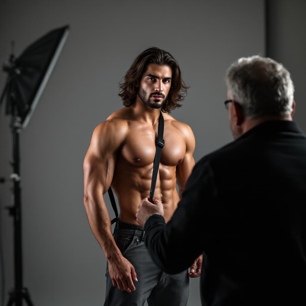 AI generated: high-resolution photo, muscular, handsome young arabic male fashion model, with medium long hair, we...