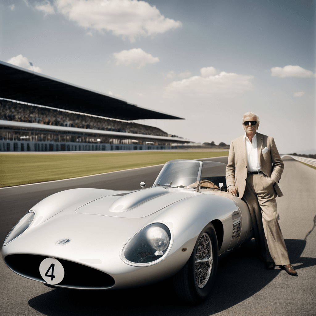 AI generated: Pictorialist photo of a man in his late 50s, in a designer racing attire, beside a sleek sports car ...