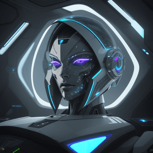 AI generated: Sleek cyborg in a spaceship, with futuristic elements on white metal armor, neon lights reflections,...