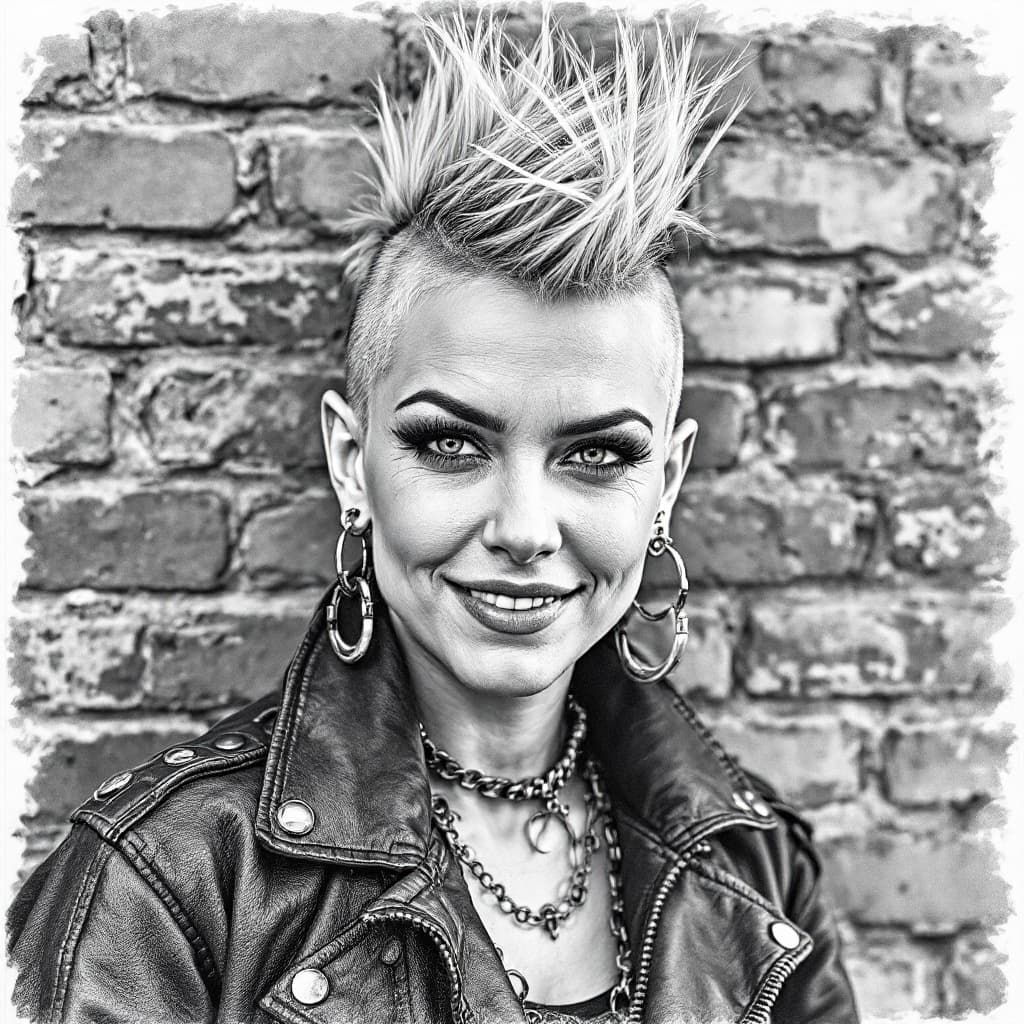 AI generated: make a picture of a 35 year punk female wearing punk fashion , 3/4 of her  is in view of the camera,...