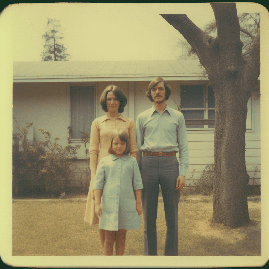 AI generated: a girl, a lady, and a man in front of a house, in the style of light turquoise and light yellow, pos...
