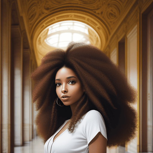 AI generated: woman with brown eyes and medium long afro hair 
in a building in Paris

