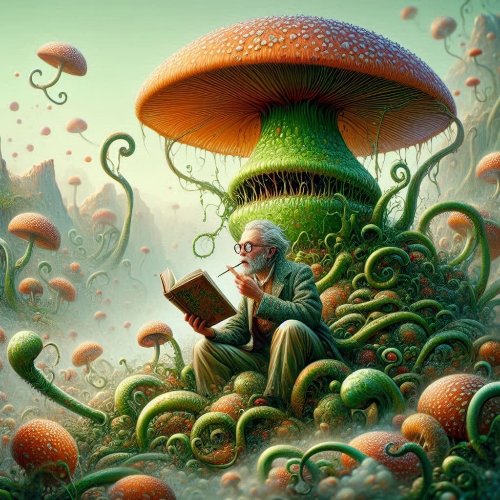 AI generated: An intelligent Carnivorous plant reading a book, in the style of realistic hyper-detailed rendering,...