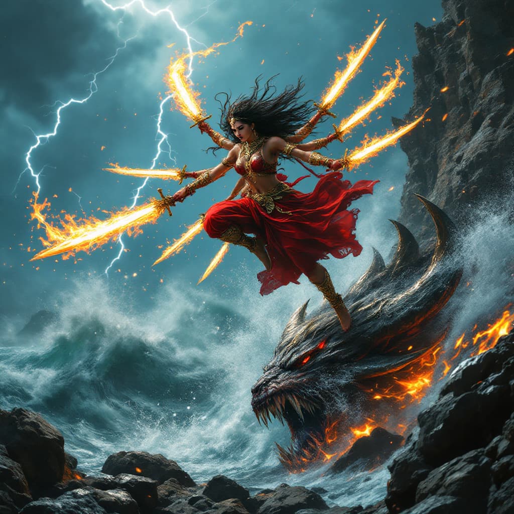 AI generated: Movie quality Side view Action scene: Amidst the tempestuous Caribbean sea, a beautiful but fierce a...