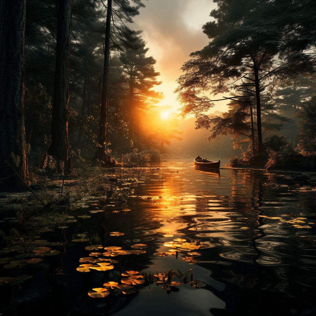 AI generated: beautiful sunset on Forest, Trees with green leaves, light fog., boatsteg on the lake shore, , perfe...