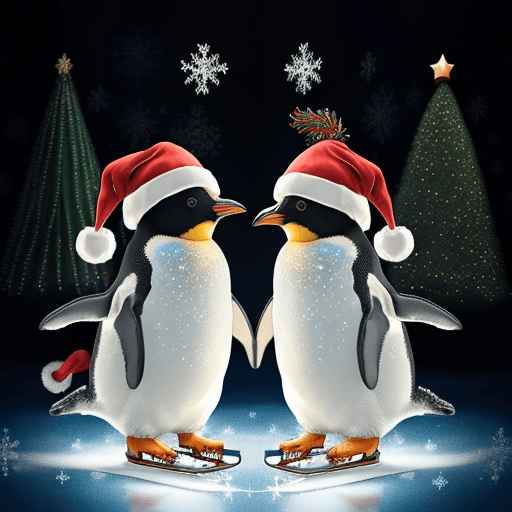AI generated: two cute penguins in Christmas hats are skating on the ice rink at forest. Christmas tree on the mid...
