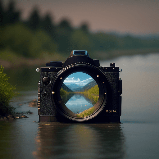 AI generated: a photo of a camera's lens, showing the river appears as a tranquil masterpiece waiting to be captur...