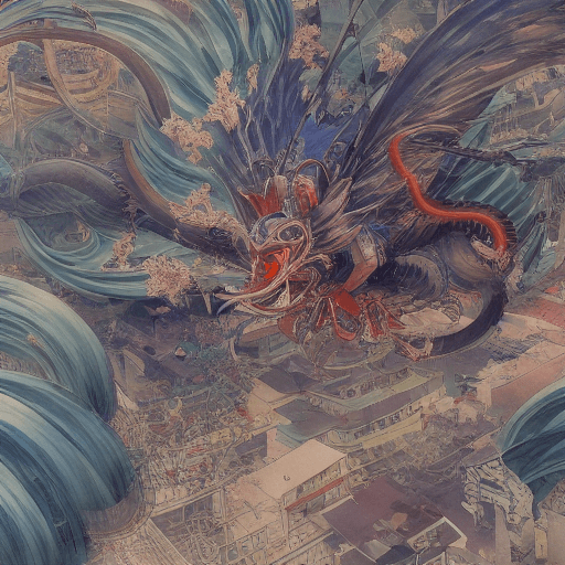 AI generated: Kyoto Animation stylized anime mixed with tradition Chinese artworks~ A dragon flying at modern cybe...