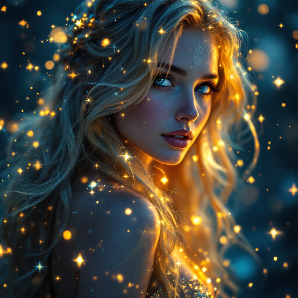 AI generated: magical girl, golden long hair, sparkle, vibrant, bioluminescence, 8k