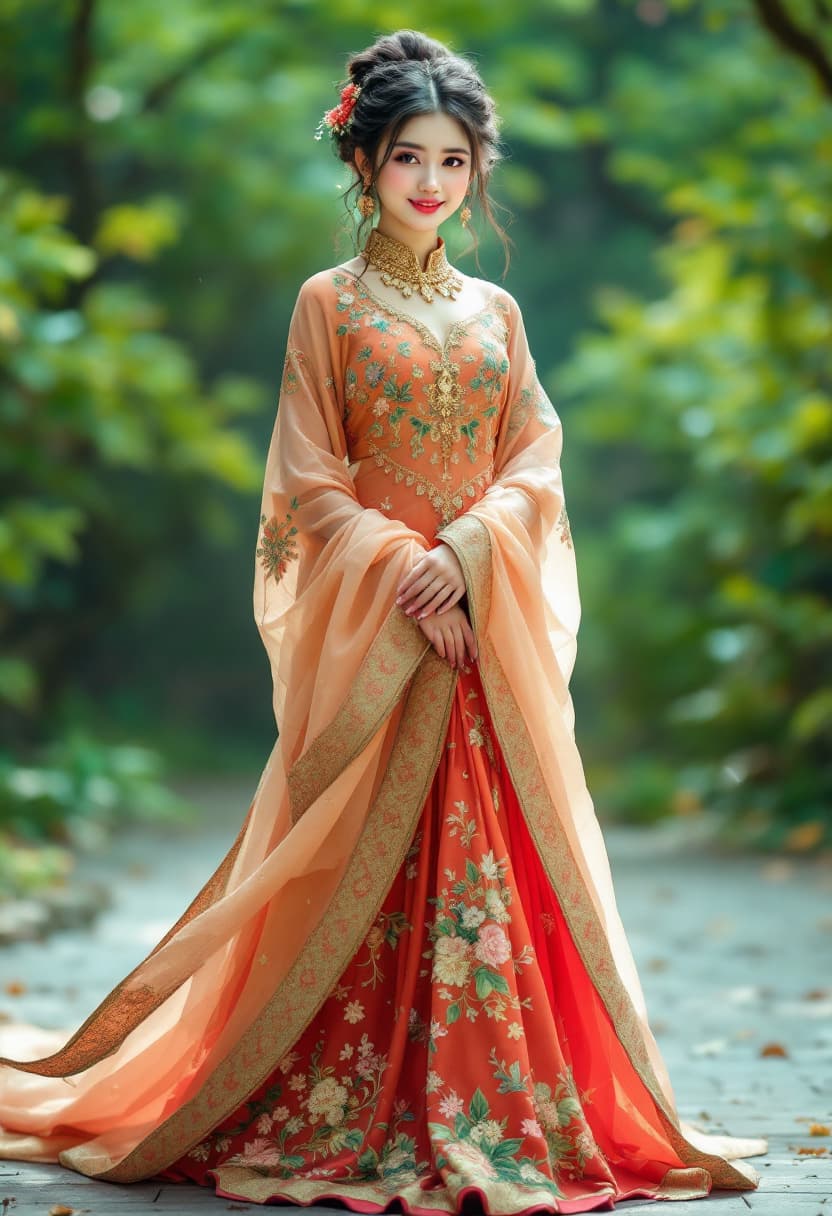 AI generated: Chinese girl, full covered Indian traditional gagara choli dress, parting in future, oco environment...