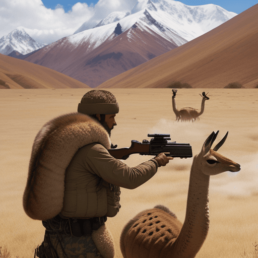 AI generated: realistic image of some hunters in the andes shooting a vicuña