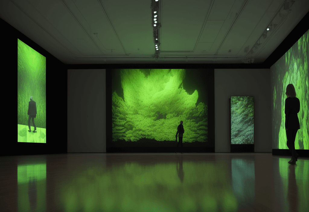 AI generated: wide-angle, aspect of 16:9, immersive experiences in a square room, walls and floor projected with a...