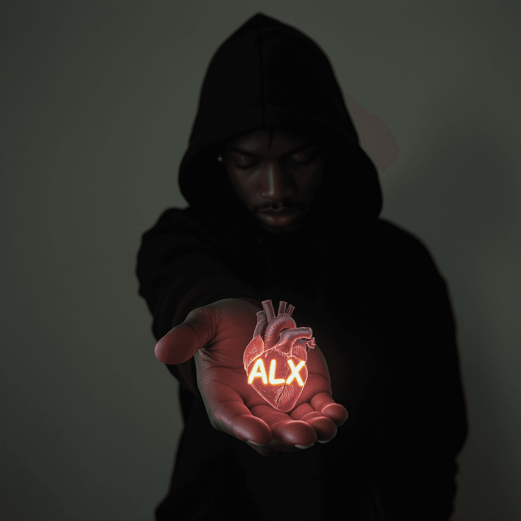 AI generated: a young Black man standing, kpop idol, wearing black hoodie covered head.  An arm stretched forward,...