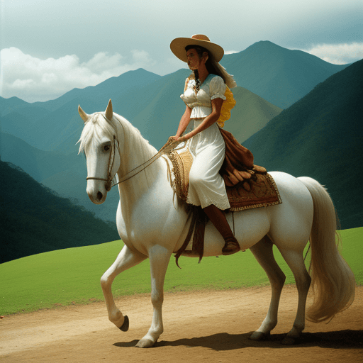 AI generated: Hombre rides on his white horse, woman riding on her brown horse, Colombia, Colombian mountains. Kod...