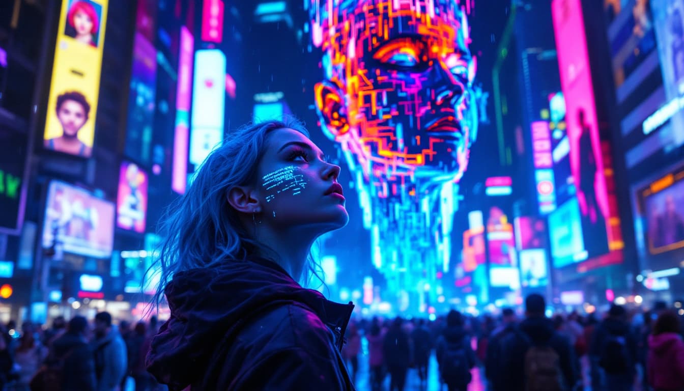 AI generated: The city hums with electric life. Neon reflections dance on rain-slicked streets as a young woman st...