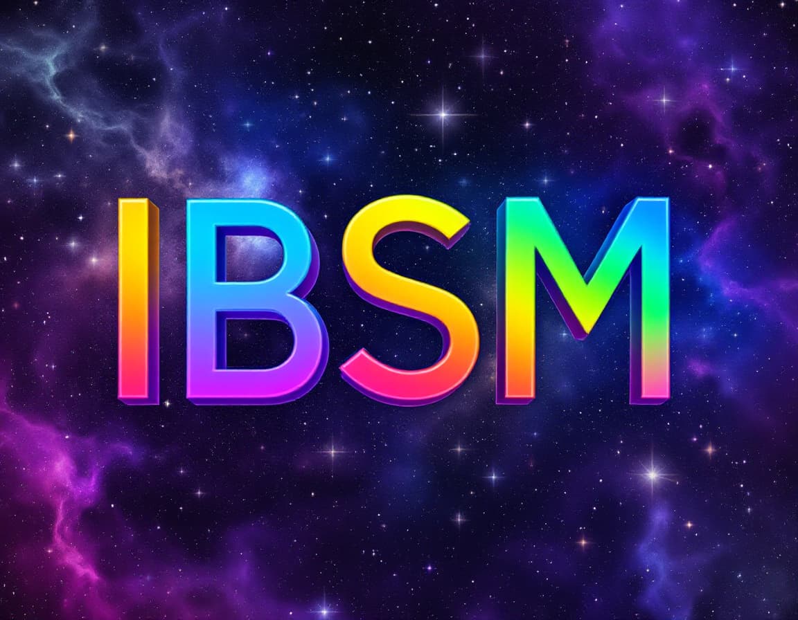 AI generated: Text "IBSM" in Rainbow colors with space background