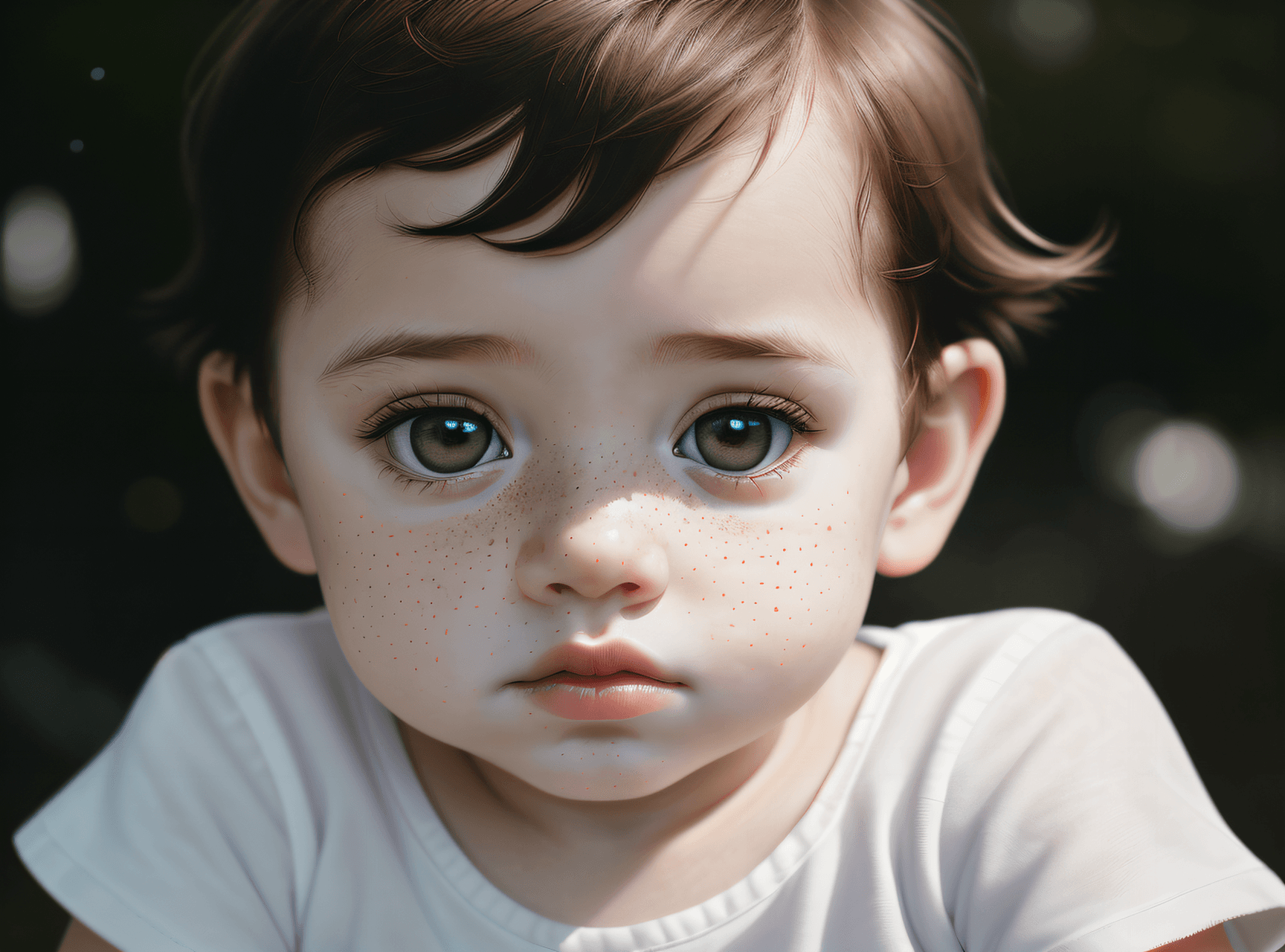 AI generated: detailed and realistic portrait of a baby with a few freckles, round eyes and short messy hair shot ...
