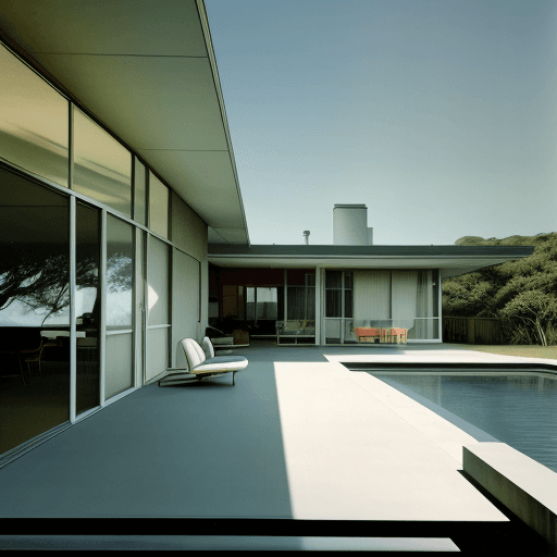 AI generated: Hyper realistic eye level exterior photo of a mid century modern style house overlooking the ocean, ...