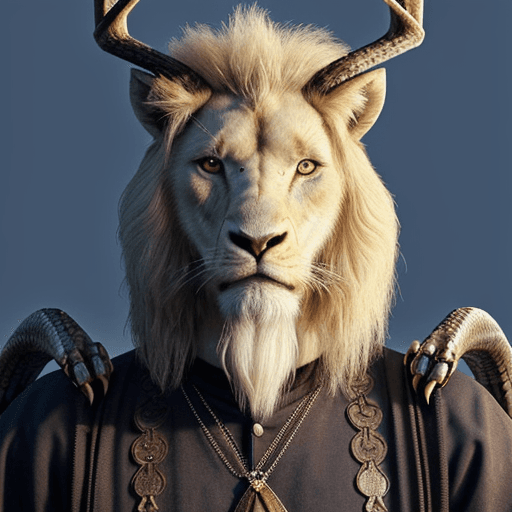 AI generated: He is NOT a human, he is dragon like. His head is horse-like. He has a deer antler on the right, a b...