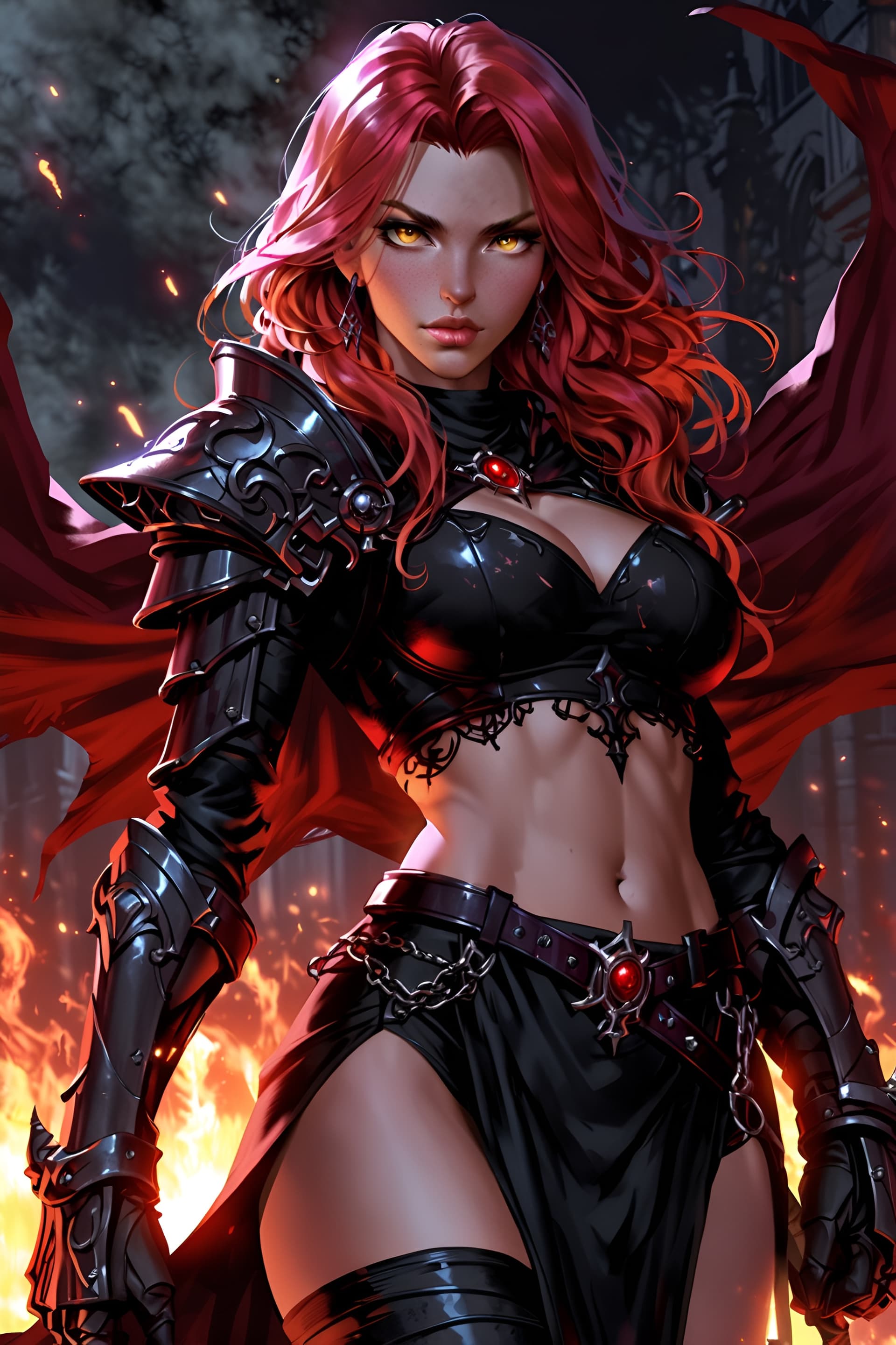 AI generated: A crimson-haired sorceress stands before me, her fiery locks and blazing eyes piercing through the d...