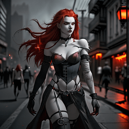 AI generated: A vibrant and captivating scene of an adventurous young ashen red-haired vampire with piercing steel...
