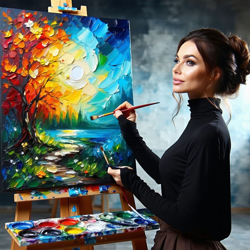 AI generated: A visionary paint wielder, where her very clothes seem to transform into the canvas upon which she c...