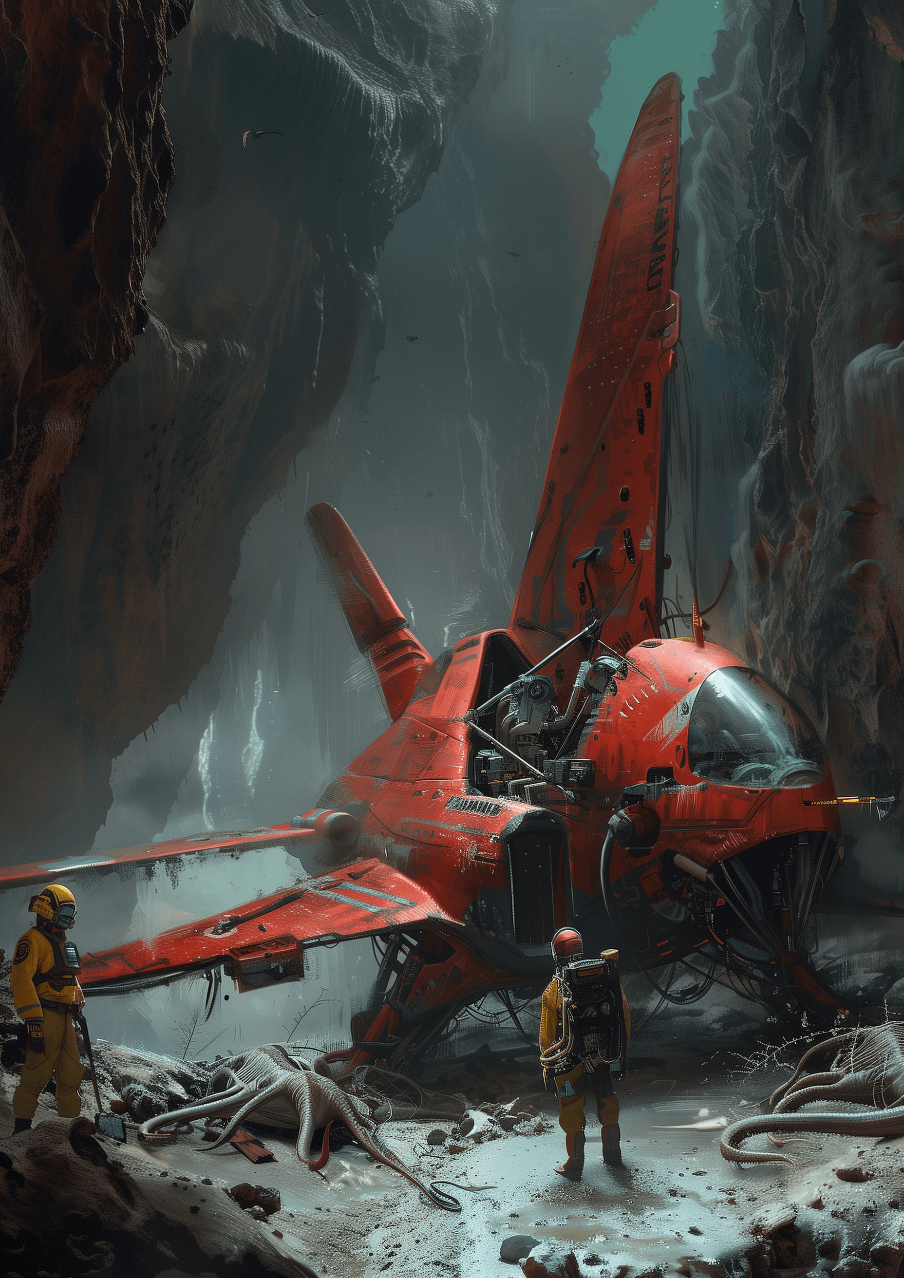 AI generated: A red spaceship with large wings is parked on the ground in an underground cavern, surrounded by bro...