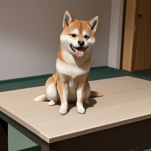 AI generated: A Shiba Inu sitting on a table, sticking out its tongue and panting.