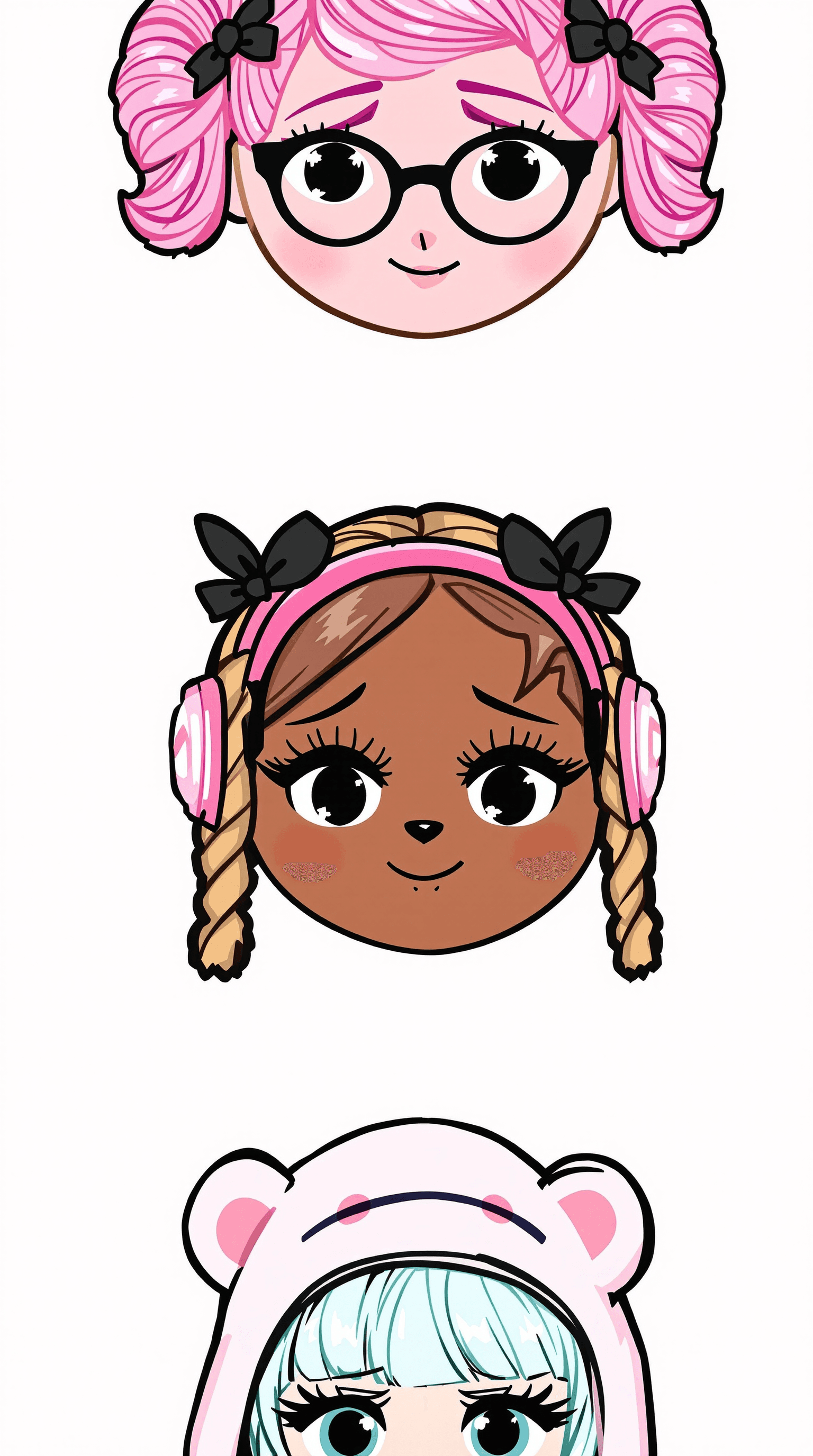 AI generated: 
Four stylized cartoon female characters, vertically arranged against a pale pink background,  displ...