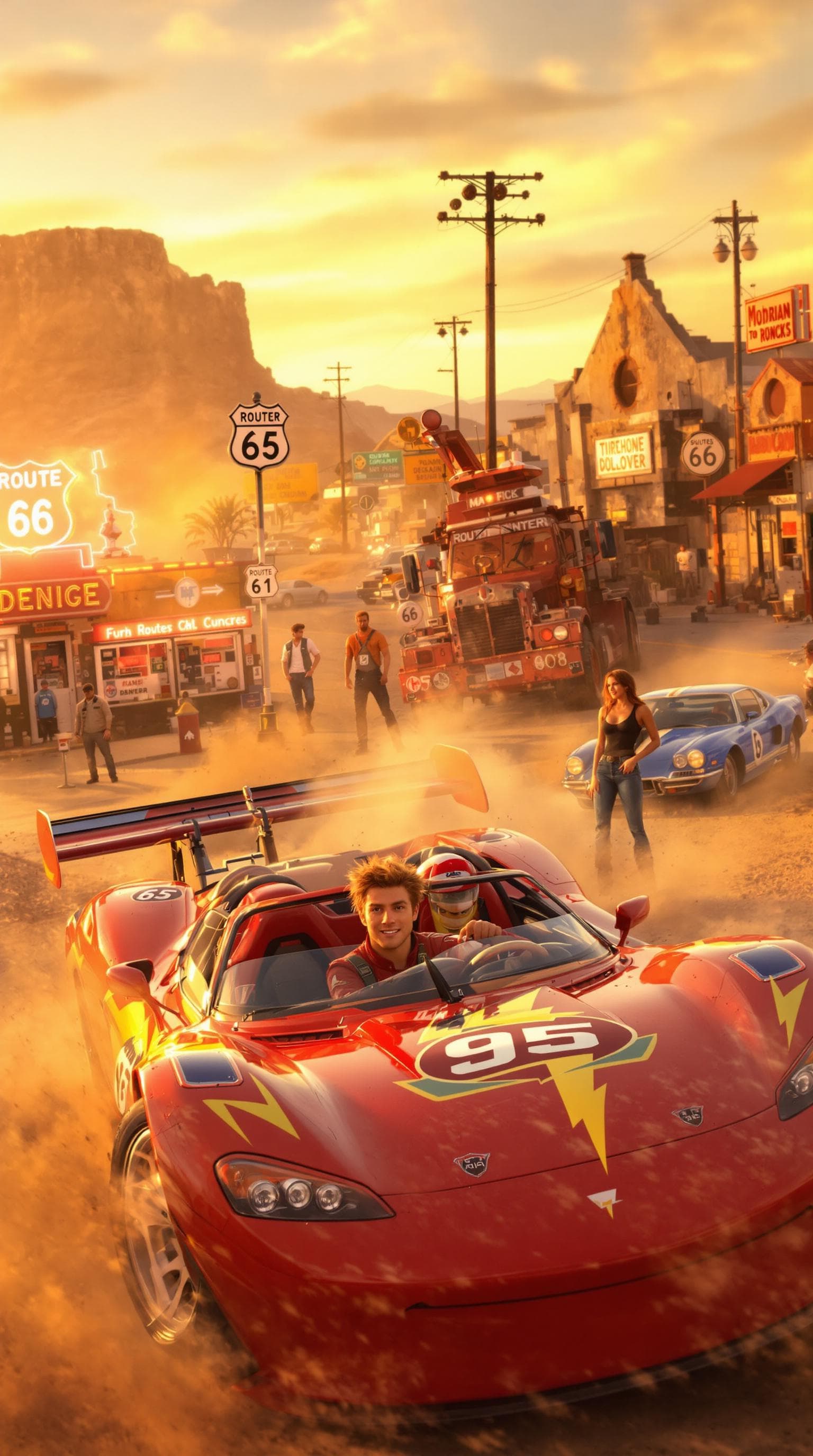 AI generated: A hyper-realistic cinematic scene inspired by Cars, set in a dusty desert highway at sunset; a sleek...
