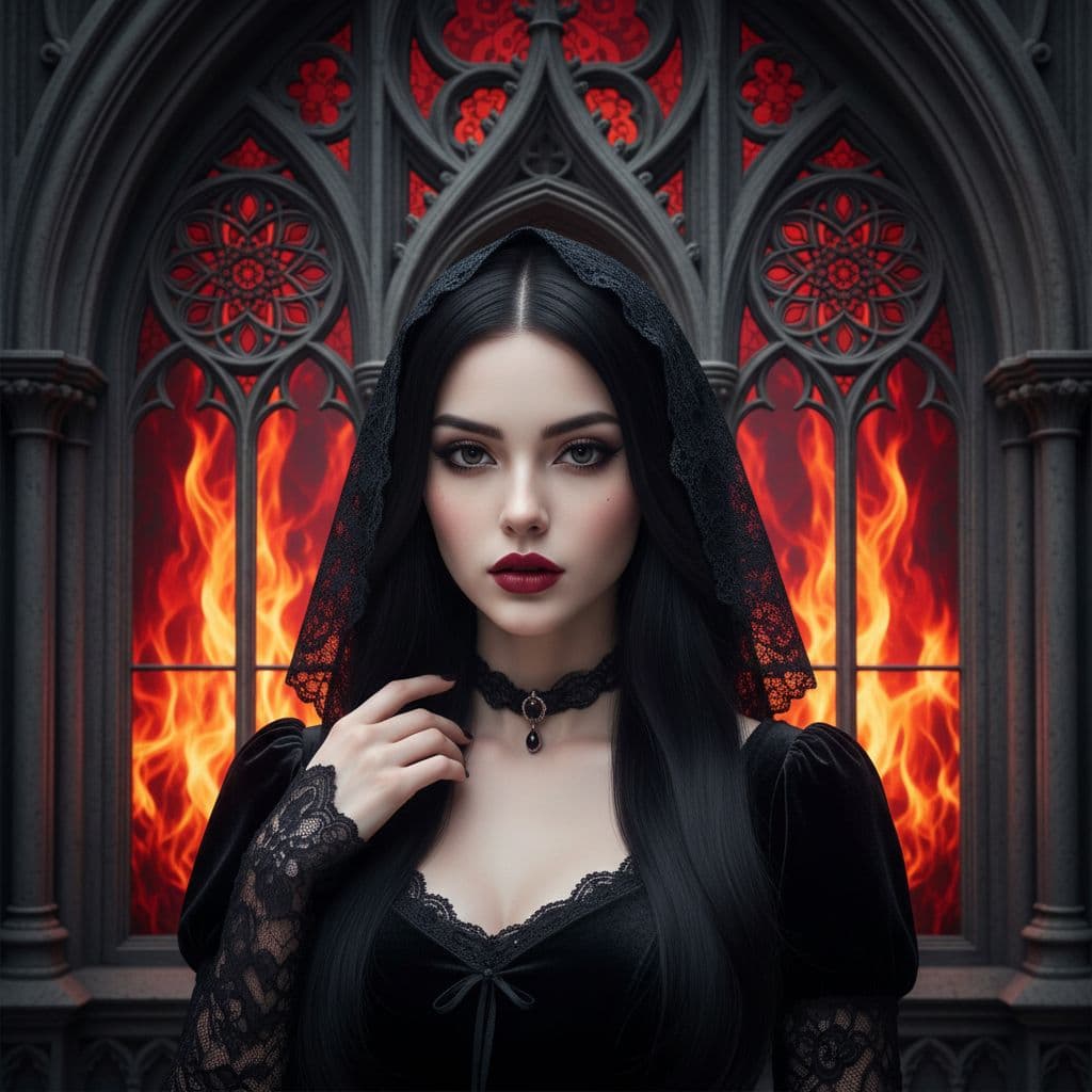 AI generated:  gothic girl dressed in black, perfect face, macro head shot, behind her a gothic cathedral, perfect...
